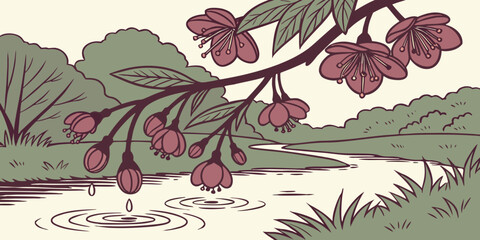 Delicate dark red blossoms dripping water into a calm pond,creating ripples in a serene natural garden sitting 