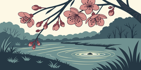 Delicate dark red blossoms dripping water into a calm pond,creating ripples in a serene natural garden sitting 