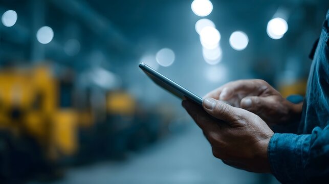 Close up of hands operating a tablet device showcasing digital interaction within a blurred industrial or factory environment
