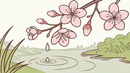 Delicate dark pink blossoms dripping water into a calm pond,creating ripples in a serene natural garden sitting 