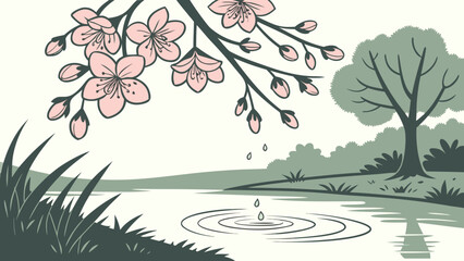 Delicate dark pink blossoms dripping water into a calm pond,creating ripples in a serene natural garden sitting 