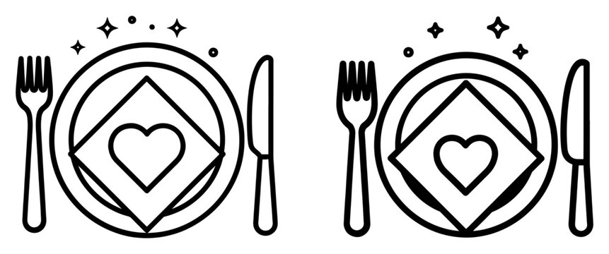Vector art of two table settings with heart on napkin romantic dinner concept