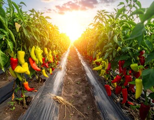 Rows of colorful peppers growing in a field at sunset