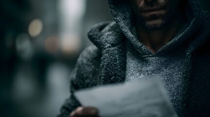 A man in a grey hooded jacket holds a paper document his face partially visible in a dark blurred urban environment