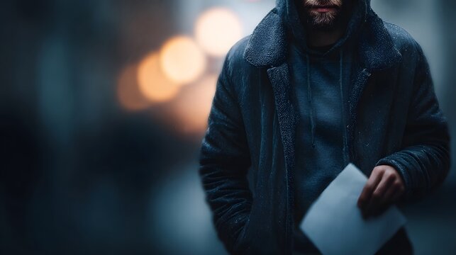 A solitary figure in a dark coat walks along a dimly lit city street at night holding a document with a mood of deep concern