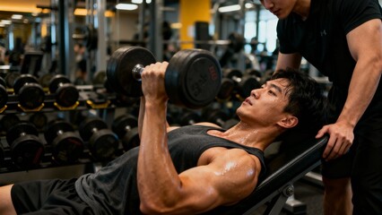 헬스장덤벨벤치프레스운동하는남성과트레이너