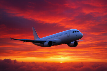 Airplane flying sunset sky bright vibrant clouds