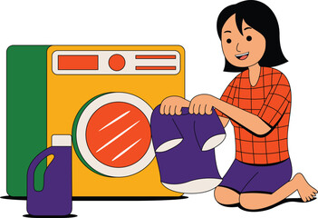 cartoon girl doing laundry at home illustration