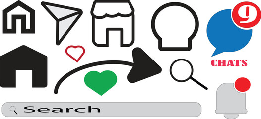 Social media icons pack featuring chat notification house search heart and user profile icons