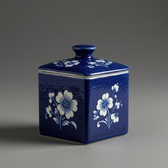 Elegant square cobalt blue porcelain lidded container adorned with delicate white floral patterns