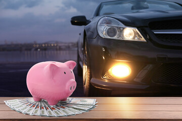 Piggy bank and dollars against car outdoors. Save money for vehicle