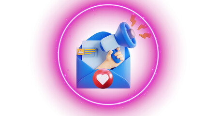 3D Email Marketing and Announcement Concept Icon with Megaphone and Neon Ring