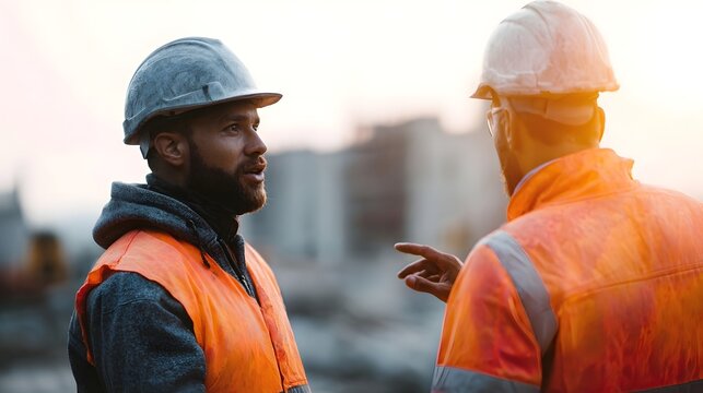 Two construction workers in hard hats and high visibility vests discuss a project on a site at sunset
