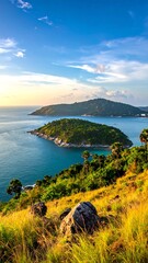 Ocean landscape with islands and lush green scenery