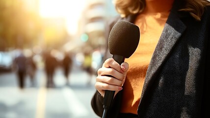 Journalist holding microphone conducting interview on street