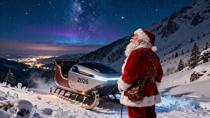 눈덮인산위의산타클로스와미래형썰매