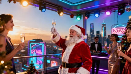 미래도시옥상에서축배하는산타클로스파티