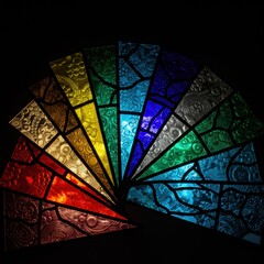 Vibrant fan shaped stained glass window with intricate patterns illuminated by light