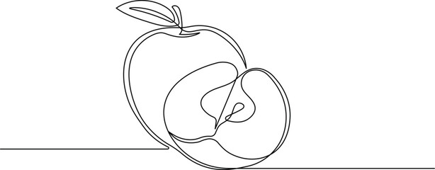 One line drawing of an apple. Minimalist continuous line art of a whole and half apple with a leaf