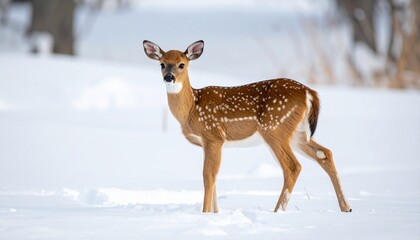 Obraz premium Spotted Fawn Standing in Winter Snow.