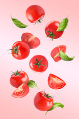 Fresh tomatoes and basil leaves flying on pink gradient background