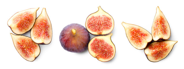 Fresh sweet figs isolated on white, set. Whole and sliced
