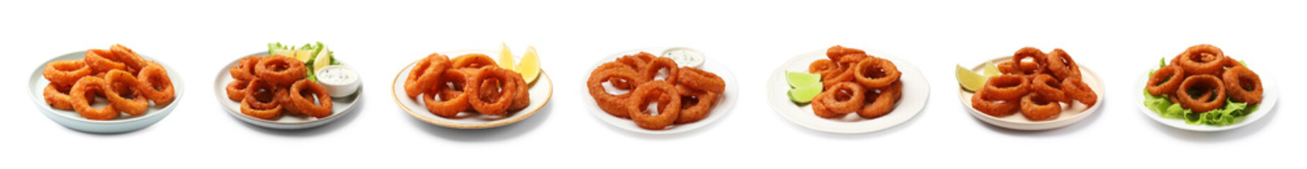Yummy fried squid rings on white background, set