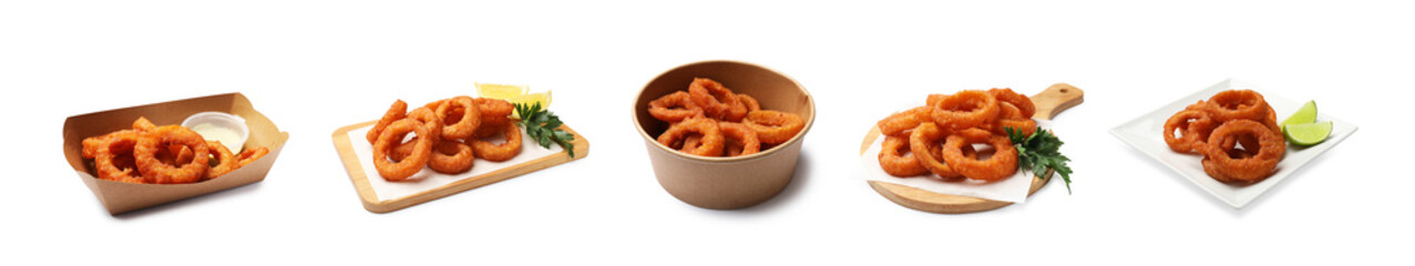 Yummy fried squid rings on white background, set