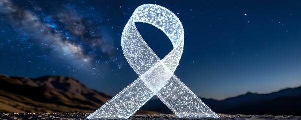 Glowing awareness ribbon against starry night sky and mountain landscape, symbolizing hope and support for medical research and healthcare causes.