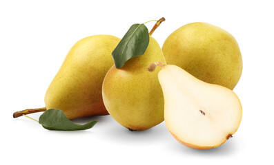 Sweet pears isolated on white. Whole and half