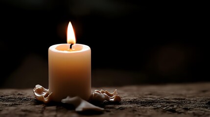 Single lit white candle glowing in darkness with dried rose petals scattered around on textured surface, creating moody atmospheric composition.
