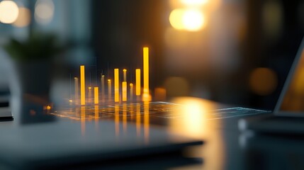 Glowing orange financial chart bars rising on reflective surface with bokeh light effects in dark business environment, modern data visualization concept.