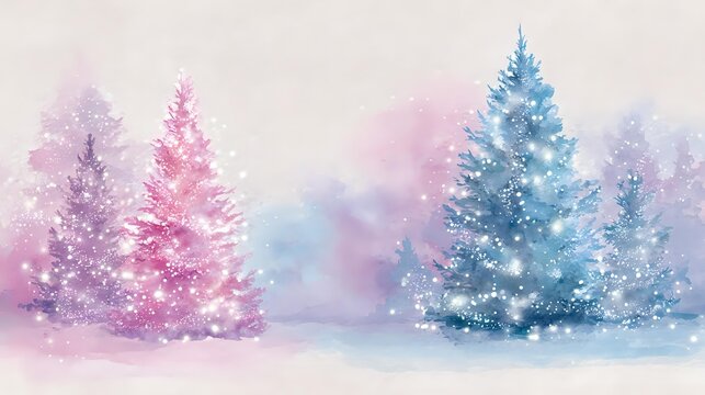 Magical winter forest scene with glowing pink and blue evergreen trees in snowy landscape, sparkling lights and dreamy watercolor effects create ethereal holiday atmosphere.