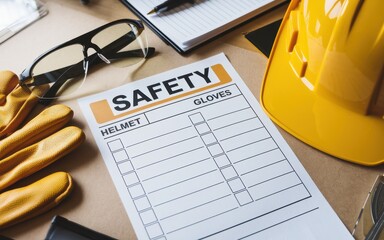 Safety training workplace routine Safety checklist with gloves, helmet, and glasses on a work table.