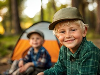 Boy smiling with younger boy and a camping tent in the background for a family camping adventure at outdoor nature location.
