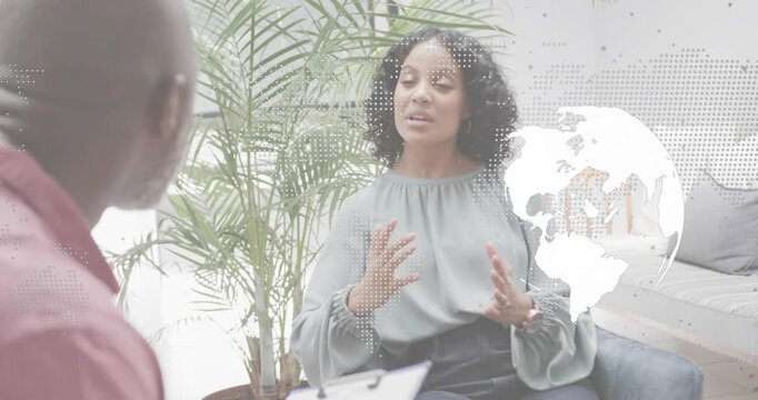 Woman explaining business strategy after interviewer question with globe and map overlay