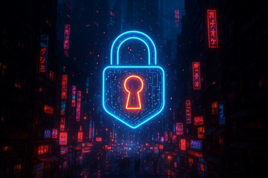Neon Padlock Symbol in a Futuristic Cyberpunk Cityscape security technology