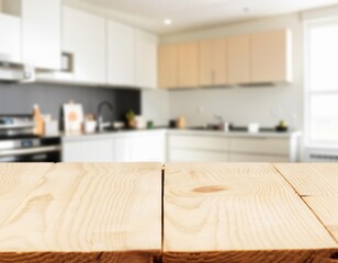 wooden table top in a modern kitchen in sunlight.