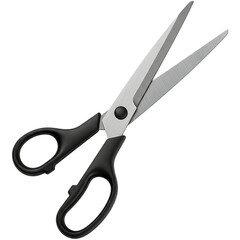 Black-handled stainless steel scissors slightly open isolated on transparent background
