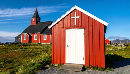 Rustic church and shed against a beautiful landscape