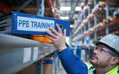 Safety training workplace routine Worker organizing safety training materials in a warehouse.