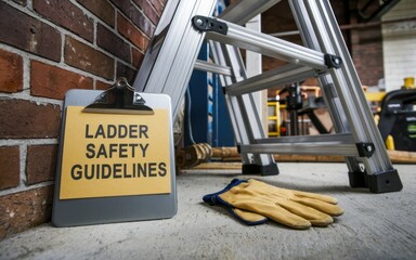 Safety training workplace routine Ladder safety guidelines displayed near a ladder and work gloves on a workshop floor.