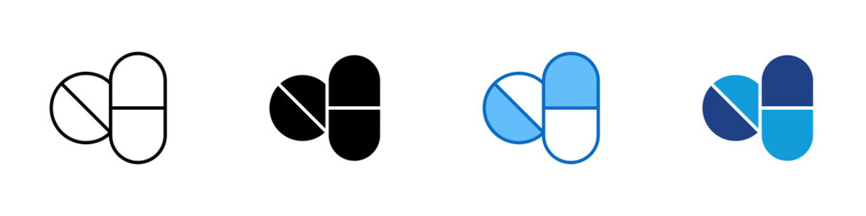 Medicine Pills Multiple Style Icon Design Vector - Pills and capsules, representing medicine, drug treatment, and pharmaceutical care