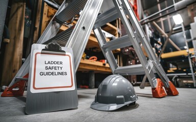 Safety training workplace routine Ladder safety sign next to a hard hat and aluminum ladder in a workshop setting.