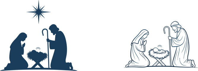 Flat vector nativity scene with Mary, Joseph, baby Jesus, manger, halo, Bethlehem star, Christian Christmas illustration, religious celebration design