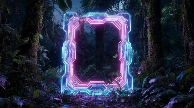 A neon framed gateway with blue and pink lights shines amidst a dense, dark jungle