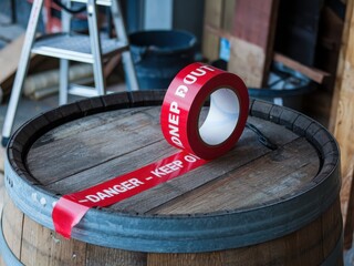 Safety training workplace routine Red danger tape on a wooden barrel in a rustic setting.
