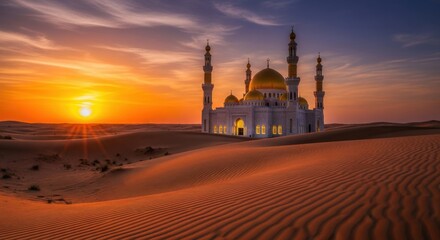 Majestic Mosque Rises from Golden Desert Dunes at Sunset
