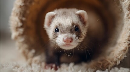 Fototapeta premium Close up detailed portrait of an adorable ferret peeking out from a soft fuzzy tunnel