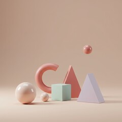 Abstract composition of pastel geometric shapes and spheres on a neutral background